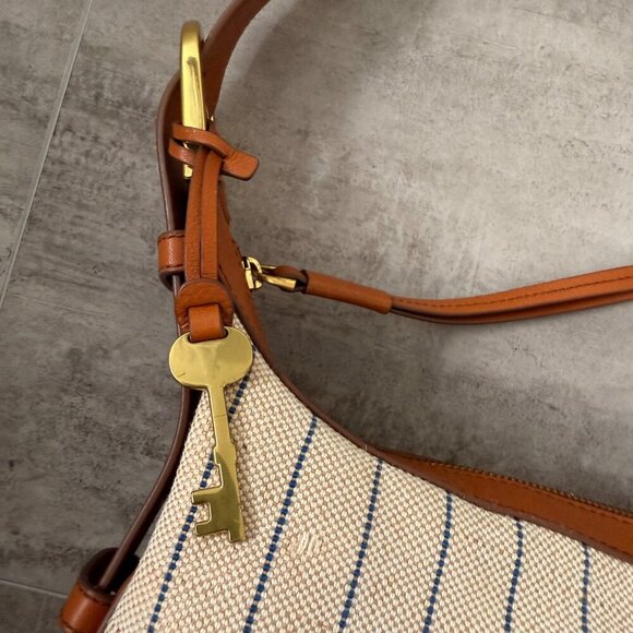 FOSSIL Tan W/ Blue Stripes HANNAH HOBO Canvas & Leather Shoulder Bag - Picture 4 of 16